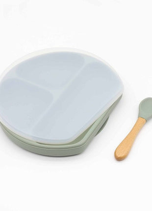 Baby Silicone Compartment Plate With Wooden Spoon