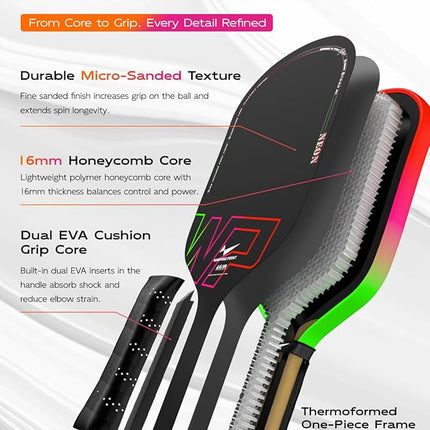 Neon Pickleball Paddle 16mm Core in Green, Pink & Orange Warping Point