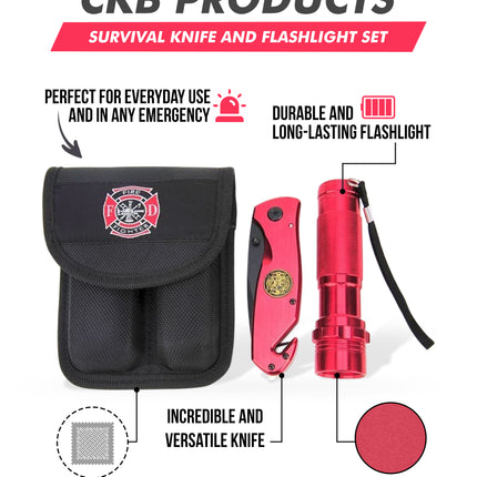Survival Knife and Flashlight Set - Red Finish - Firefighter - LED
