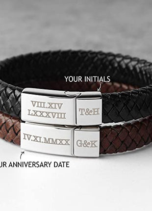 Roman Numerals Engraved Mens Bracelet, Woven Braided Leather Bracelet