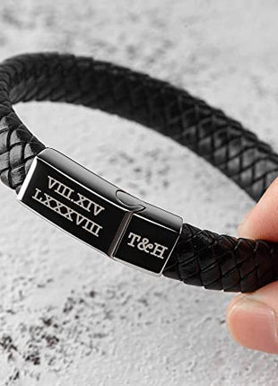 Roman Numerals Engraved Mens Bracelet, Woven Braided Leather Bracelet