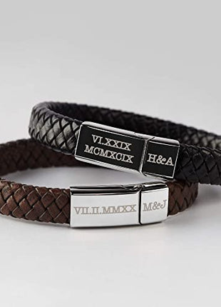 Roman Numerals Engraved Mens Bracelet, Woven Braided Leather Bracelet