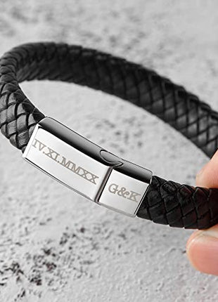 Roman Numerals Engraved Mens Bracelet, Woven Braided Leather Bracelet