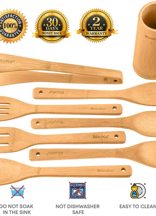 Bamboo Kitchen Utensils Set 8-Pack - Wooden Cooking Utensils for