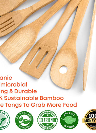 Bamboo Kitchen Utensils Set 8-Pack - Wooden Cooking Utensils for
