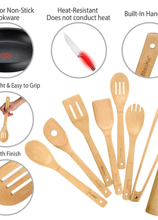Bamboo Kitchen Utensils Set 8-Pack - Wooden Cooking Utensils for
