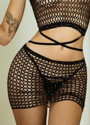 Yelete Rhinestone Fishing Net Crisscross Two-Piece Lingerie Set