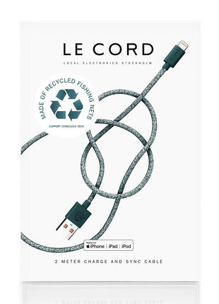 Green iPhone Lightning cable · 2 meter · Made of recycled fishing nets