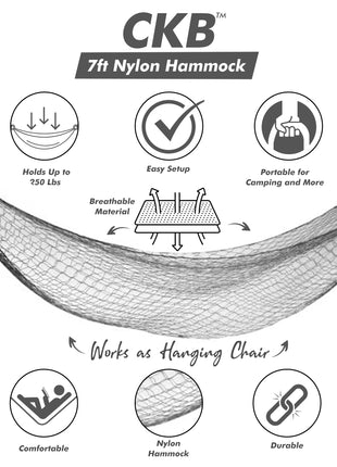 7ft Nylon Hammock - Portable and Easy to Set Up - Holds up to 220LBs