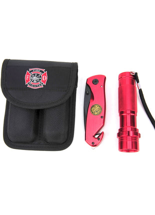 Survival Knife and Flashlight Set - Red Finish - Firefighter - LED