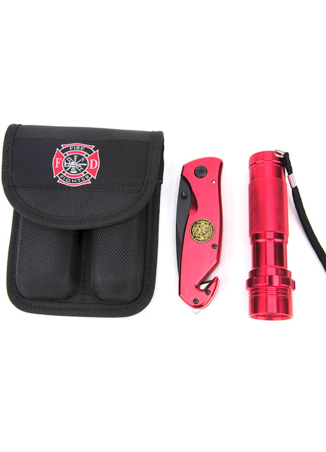Survival Knife and Flashlight Set - Red Finish - Firefighter - LED