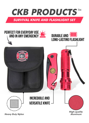 Survival Knife and Flashlight Set - Red Finish - Firefighter - LED