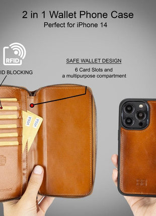 Apple iPhone 14 Series Detachable and Zipper Leather Wallet Case - PMW