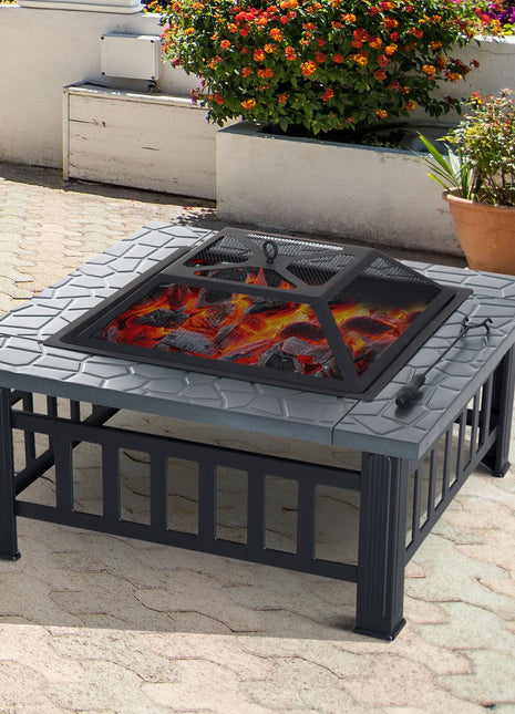 Outsunny 32Inch Square Fire Fit Outdoor Steel Firepit Backyard Patio