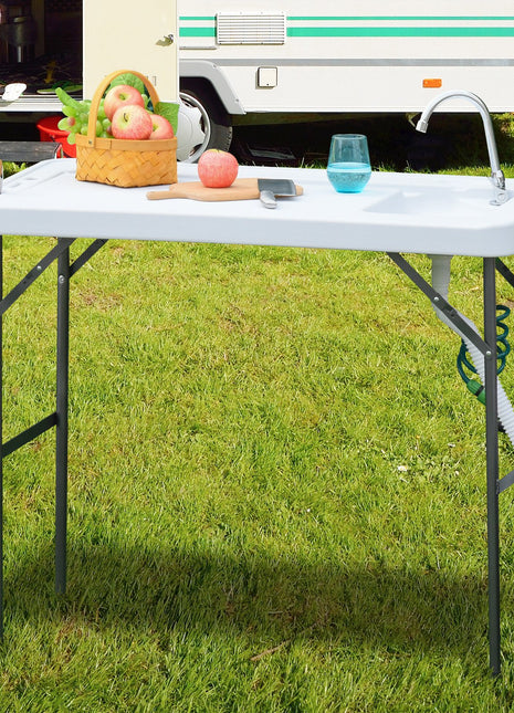 Outsunny Outdoor Folding Table with Sink and Faucet Organized Fishing