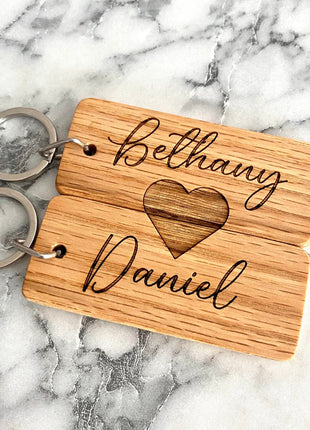 Couples Engraved Wood Keychain