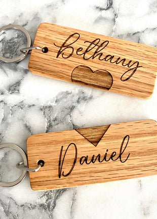 Couples Engraved Wood Keychain
