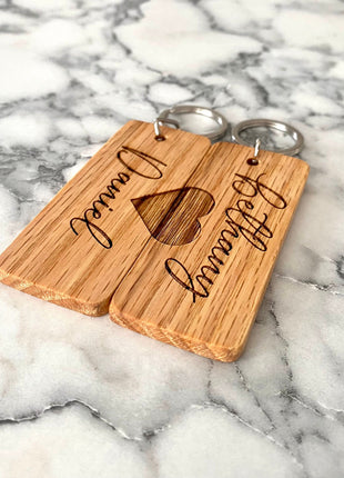 Couples Engraved Wood Keychain