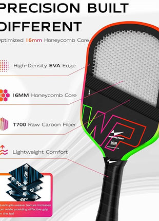Neon Pickleball Paddle 16mm Core in Green, Pink & Orange Warping Point