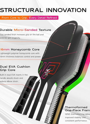 Neon Pickleball Paddle 16mm Core in Green, Pink & Orange Warping Point