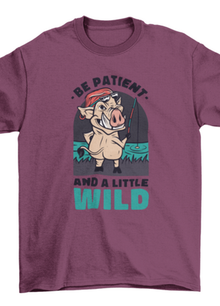 Wild boar animal fishing cartoon w/ quote "Be patient and a little