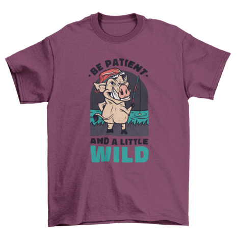 Wild boar animal fishing cartoon w/ quote "Be patient and a little