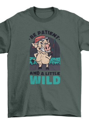 Wild boar animal fishing cartoon w/ quote "Be patient and a little
