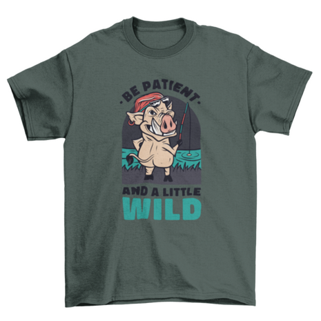 Wild boar animal fishing cartoon w/ quote "Be patient and a little