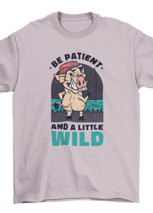 Wild boar animal fishing cartoon w/ quote "Be patient and a little