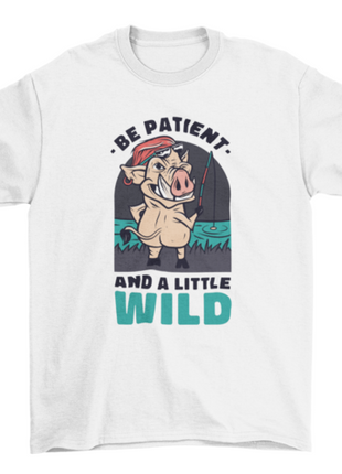 Wild boar animal fishing cartoon w/ quote "Be patient and a little