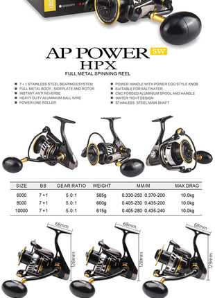 AP POWER SW Spinning Fishing Reels 6000/8000/10000 Gear Ratio 5.0:1
