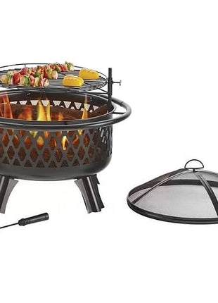 30-inch Black Steel Outdoor Fire Pit Grill with Screen and Poker