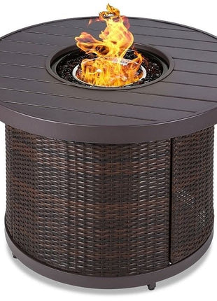 50,000 BTU Brown Wicker Round LP Gas Propane Fire Pit w/ Faux Wood