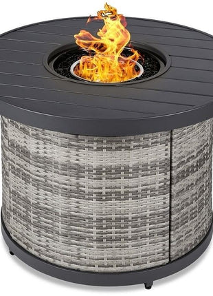 50,000 BTU Grey Wicker Round LP Gas Propane Fire Pit w/ Faux Wood