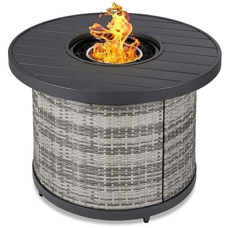 50,000 BTU Grey Wicker Round LP Gas Propane Fire Pit w/ Faux Wood