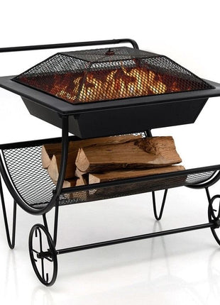 Portable Outdoor Wheeled Log Storage Rack and Wood Burning Fire Pit