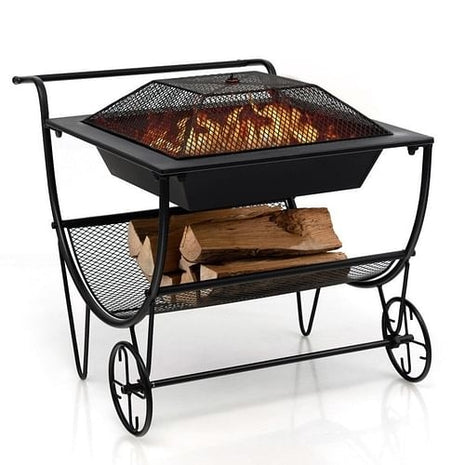 Portable Outdoor Wheeled Log Storage Rack and Wood Burning Fire Pit